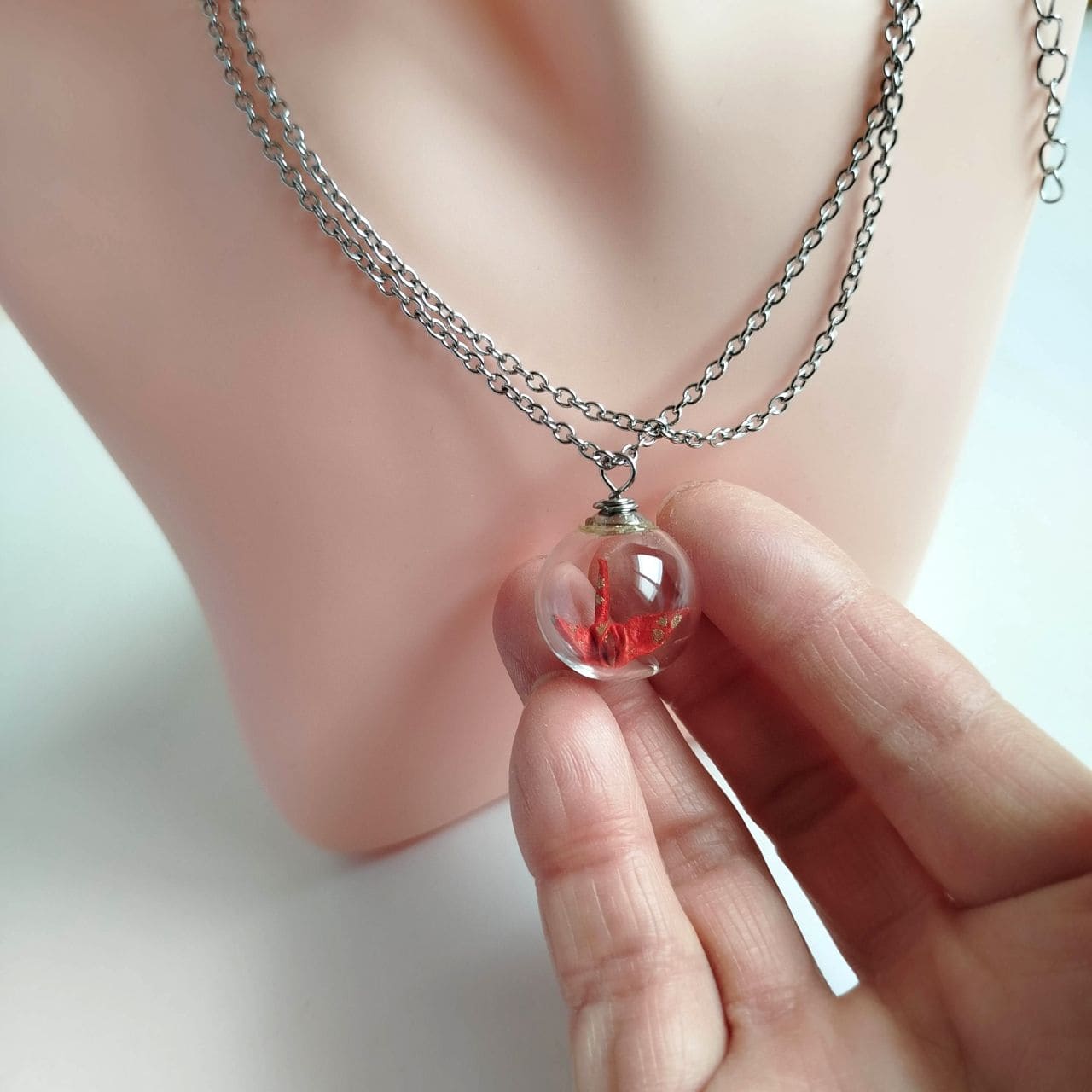 Origami Crane in Glass Necklace– Red Nadeshiko - Image 8