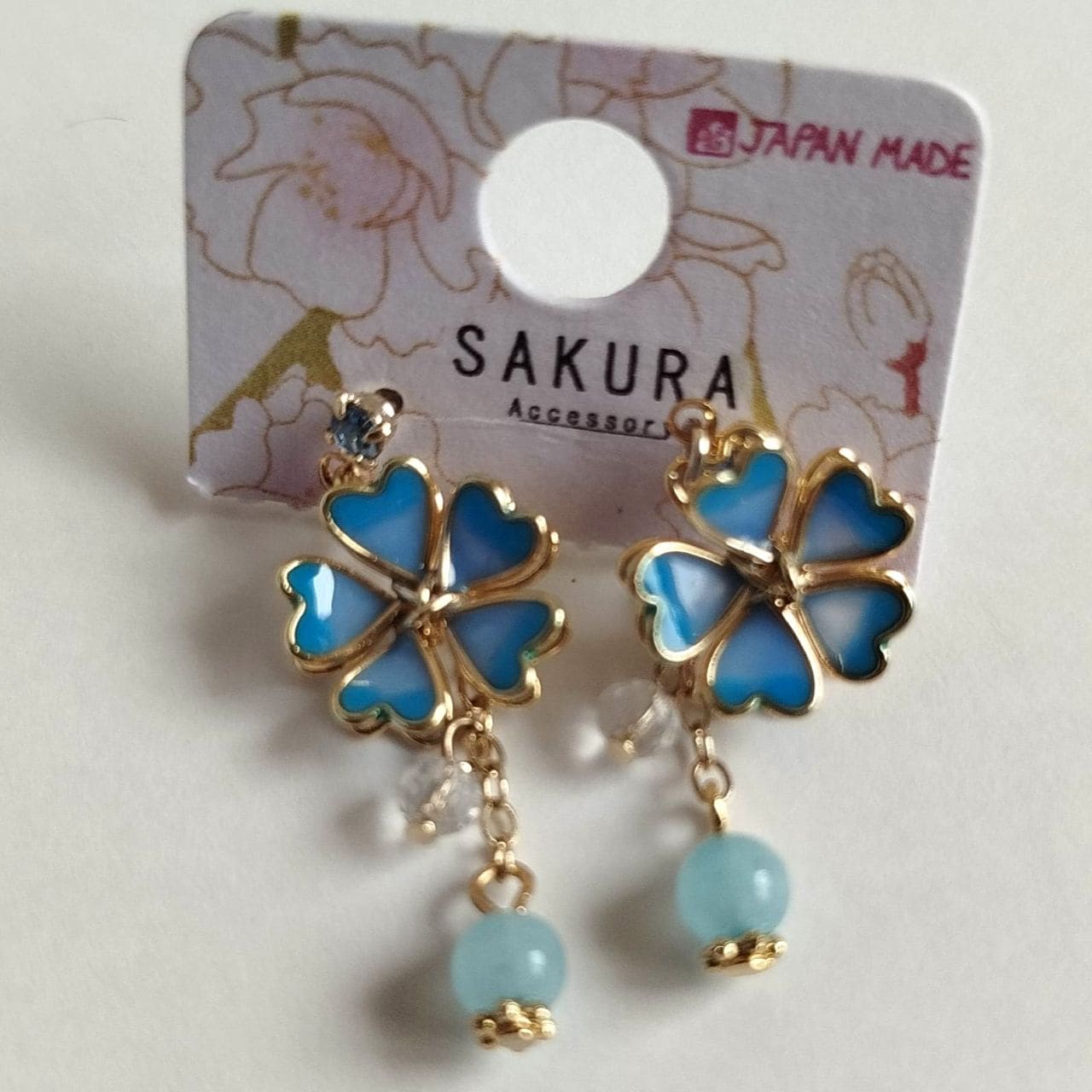 Sakura Stud Earrings – Light Blue Enamel & Delicate Chain - Image 3
