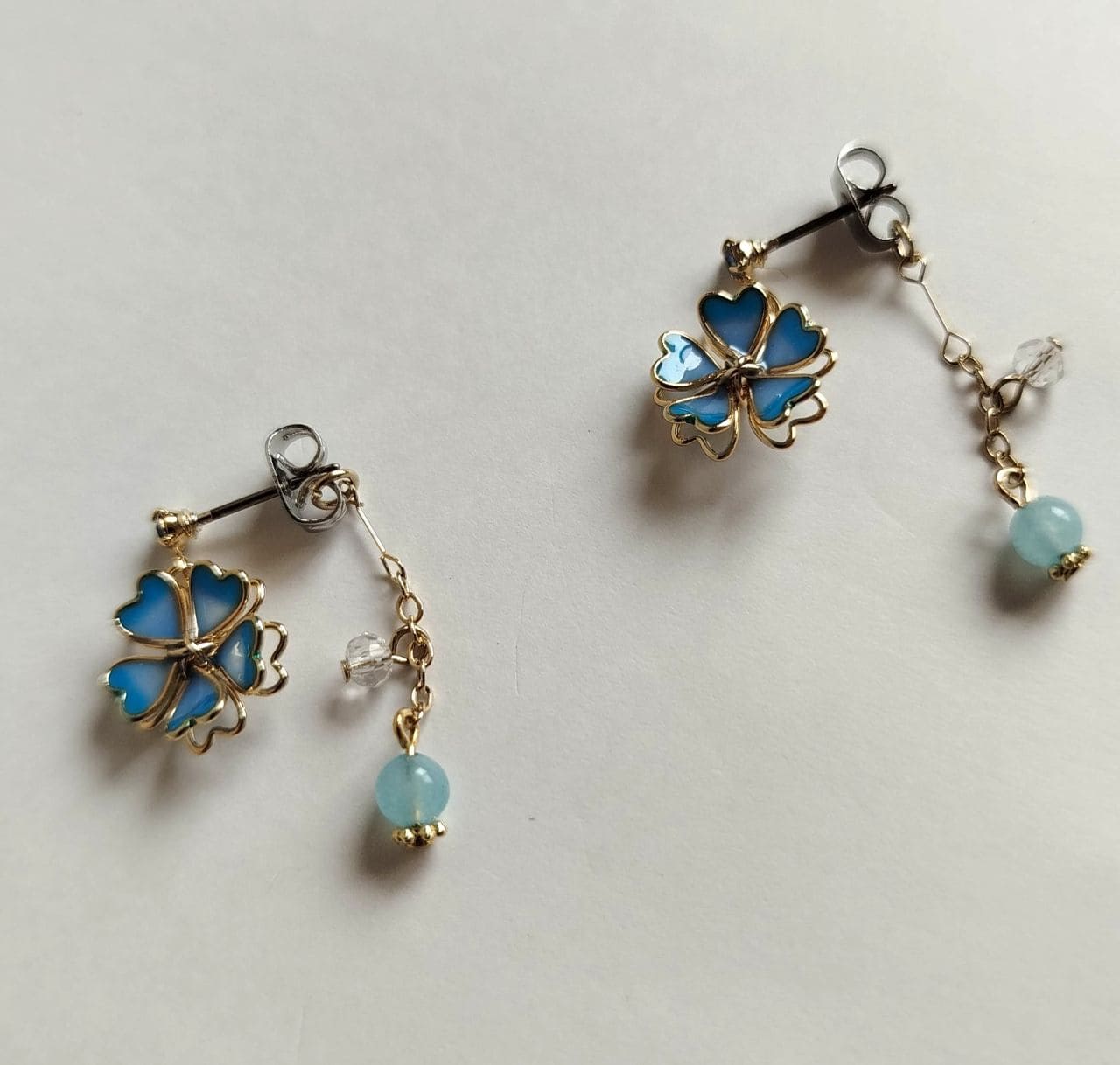 Sakura Stud Earrings – Light Blue Enamel & Delicate Chain - Image 5