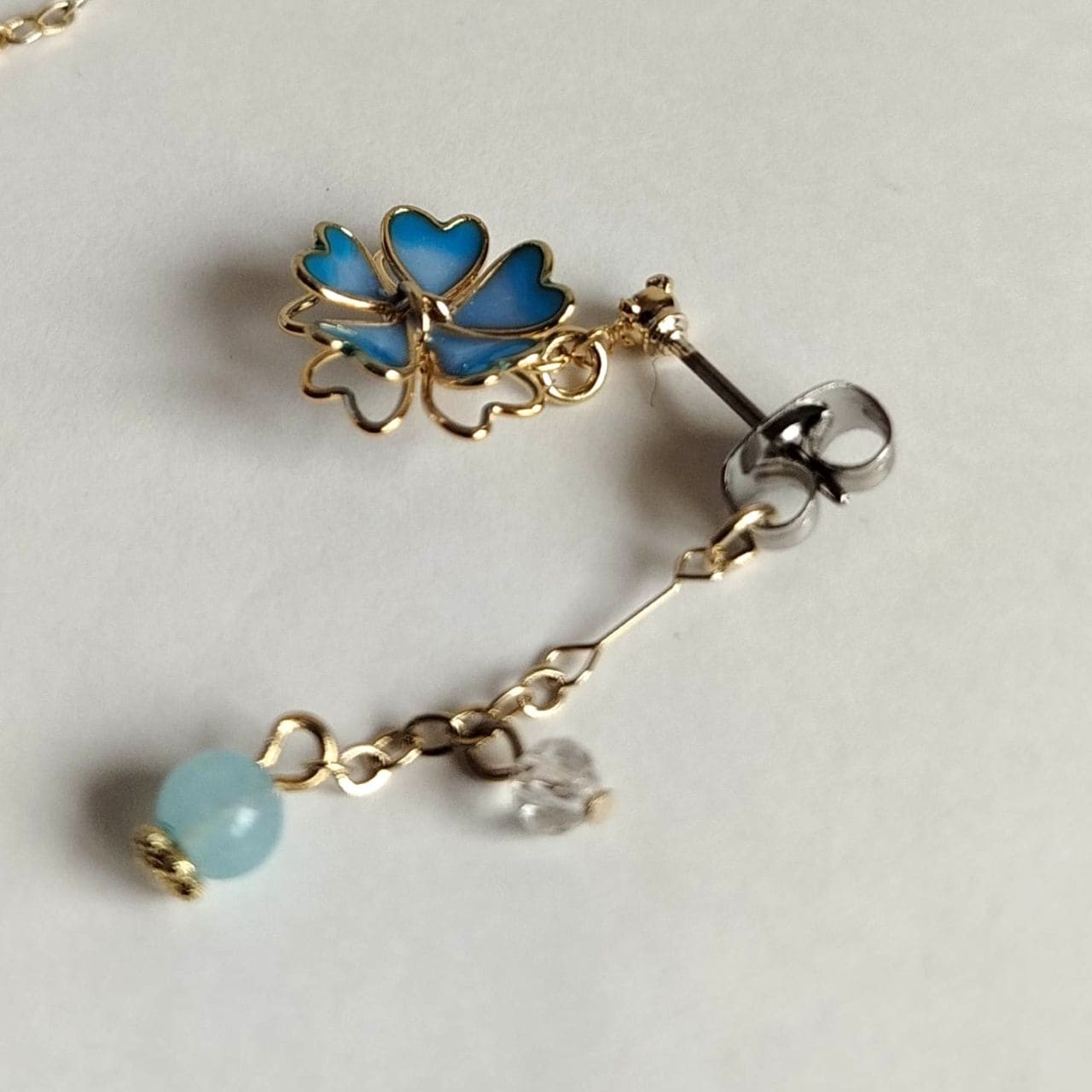 Sakura Stud Earrings – Light Blue Enamel & Delicate Chain - Image 6