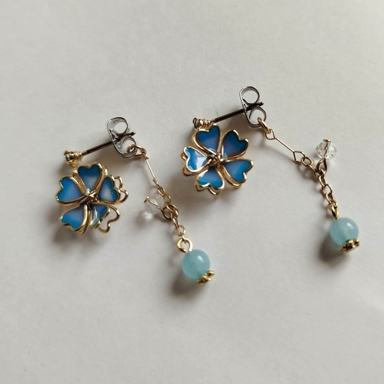 Sakura Stud Earrings – Light Blue Enamel & Delicate Chain