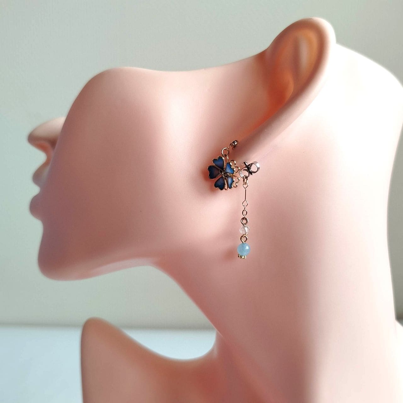 Sakura Stud Earrings – Light Blue Enamel & Delicate Chain - Image 7