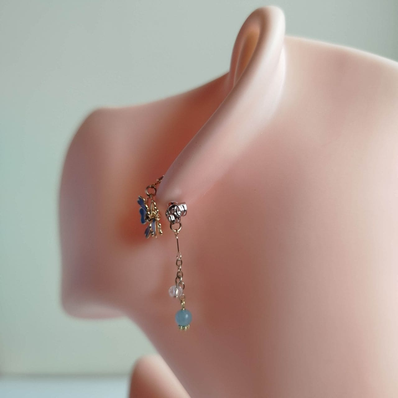 Sakura Stud Earrings – Light Blue Enamel & Delicate Chain - Image 10