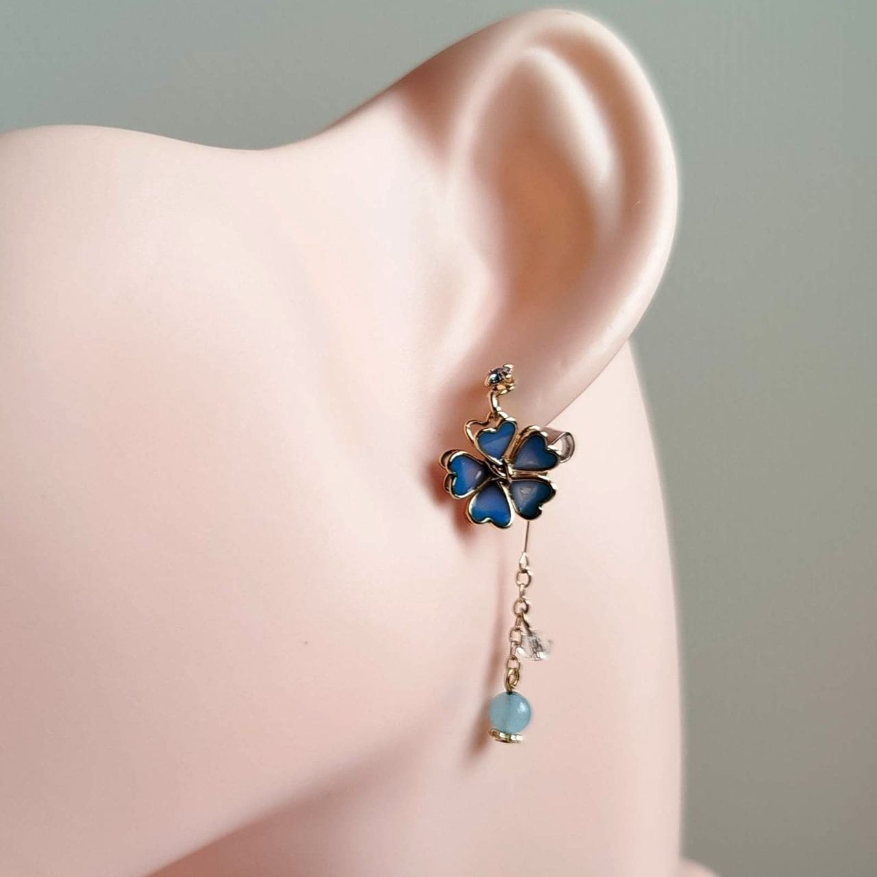 Sakura Stud Earrings – Light Blue Enamel & Delicate Chain - Image 11