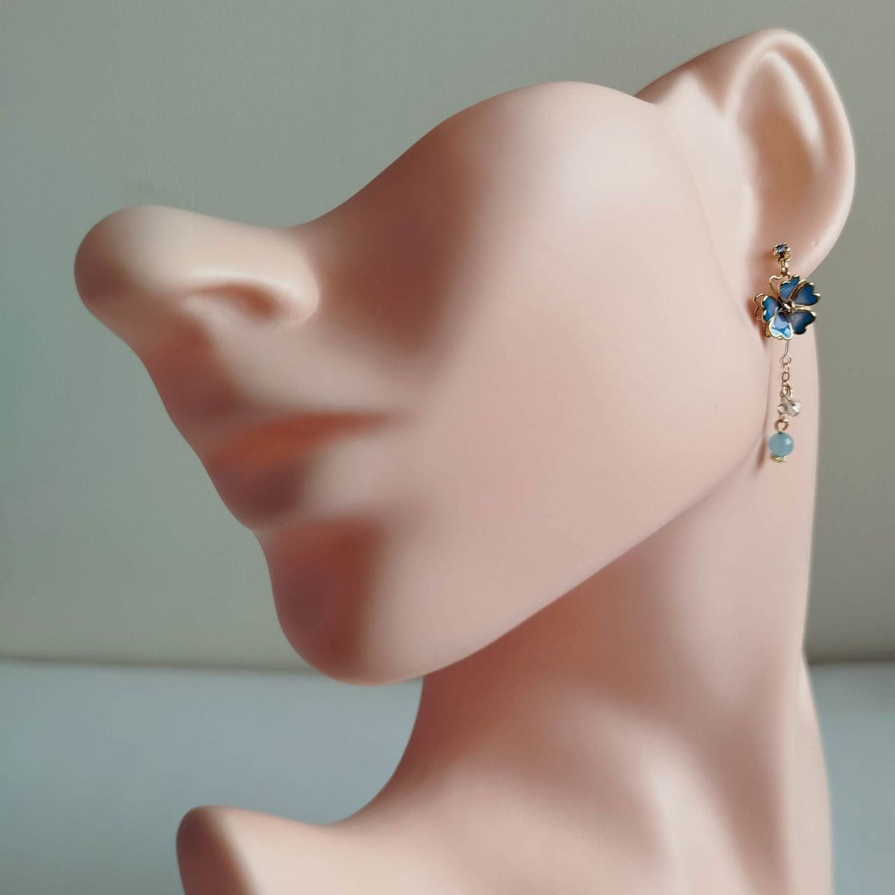 Sakura Stud Earrings – Light Blue Enamel & Delicate Chain - Image 12