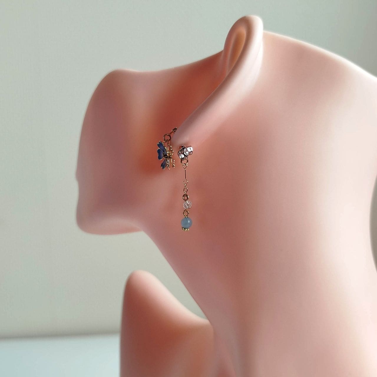 Sakura Stud Earrings – Light Blue Enamel & Delicate Chain - Image 13