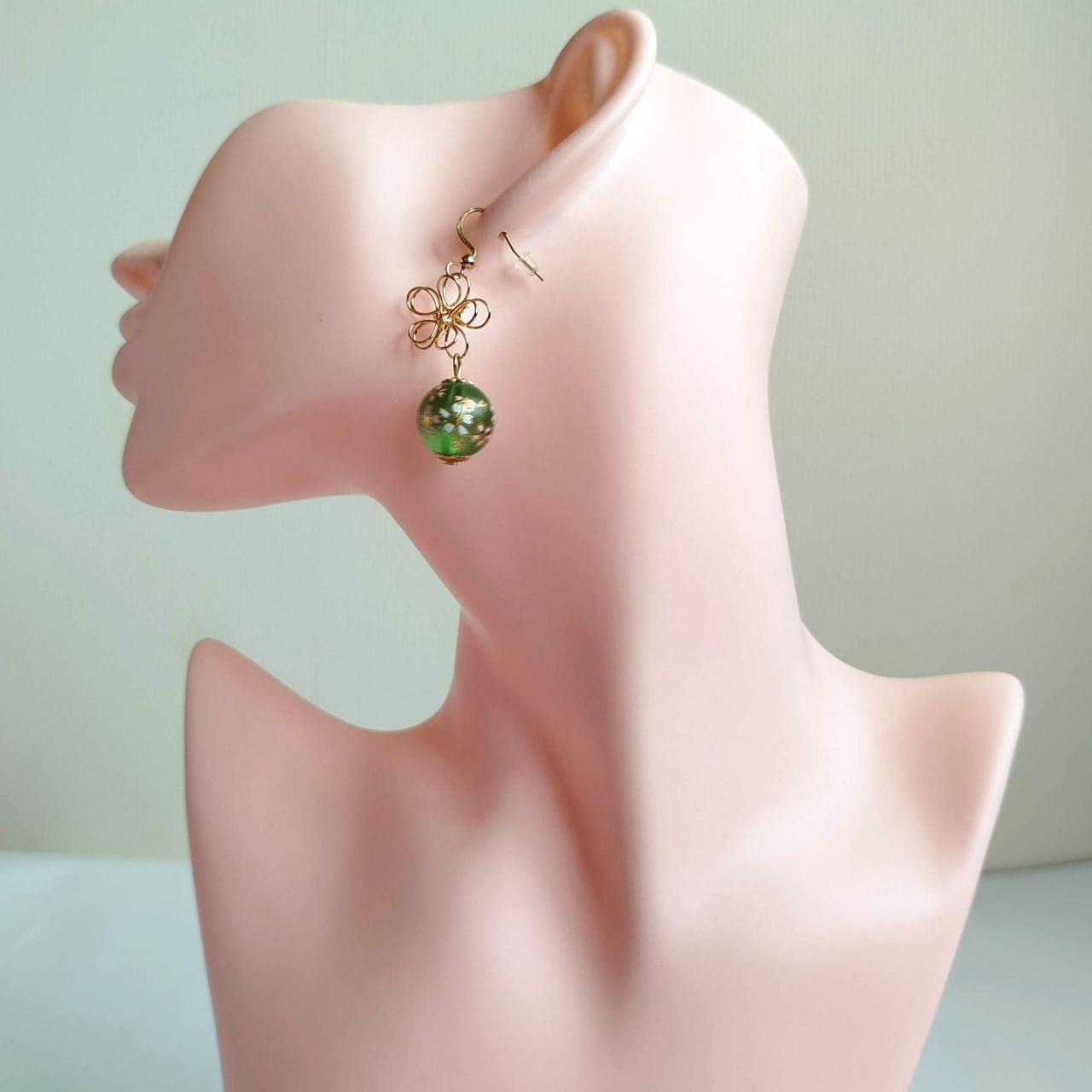 Sakura Earrings – Gold Wire Flower & Green Bead - Image 5