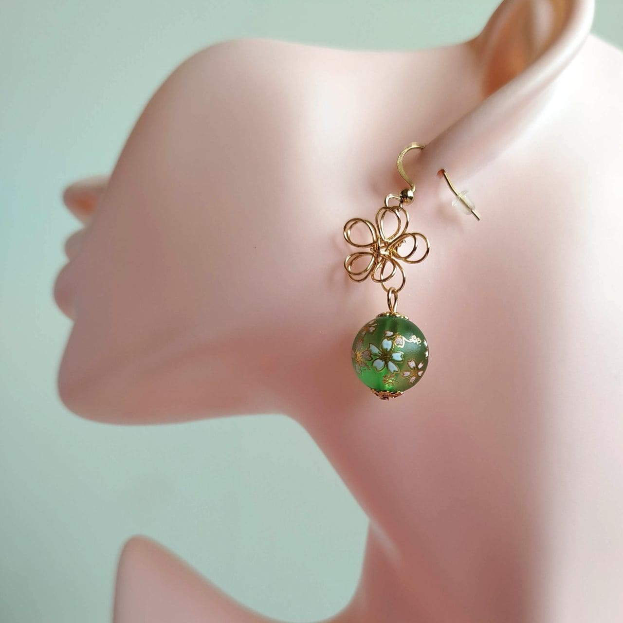 Sakura Earrings – Gold Wire Flower & Green Bead - Image 7