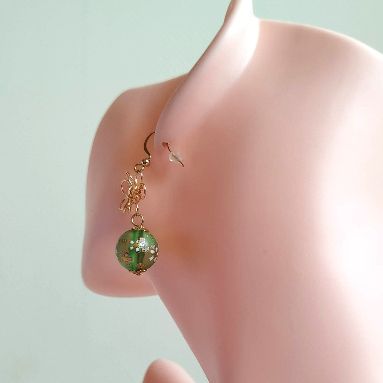 Sakura Earrings – Gold Wire Flower & Green Bead - Image 3