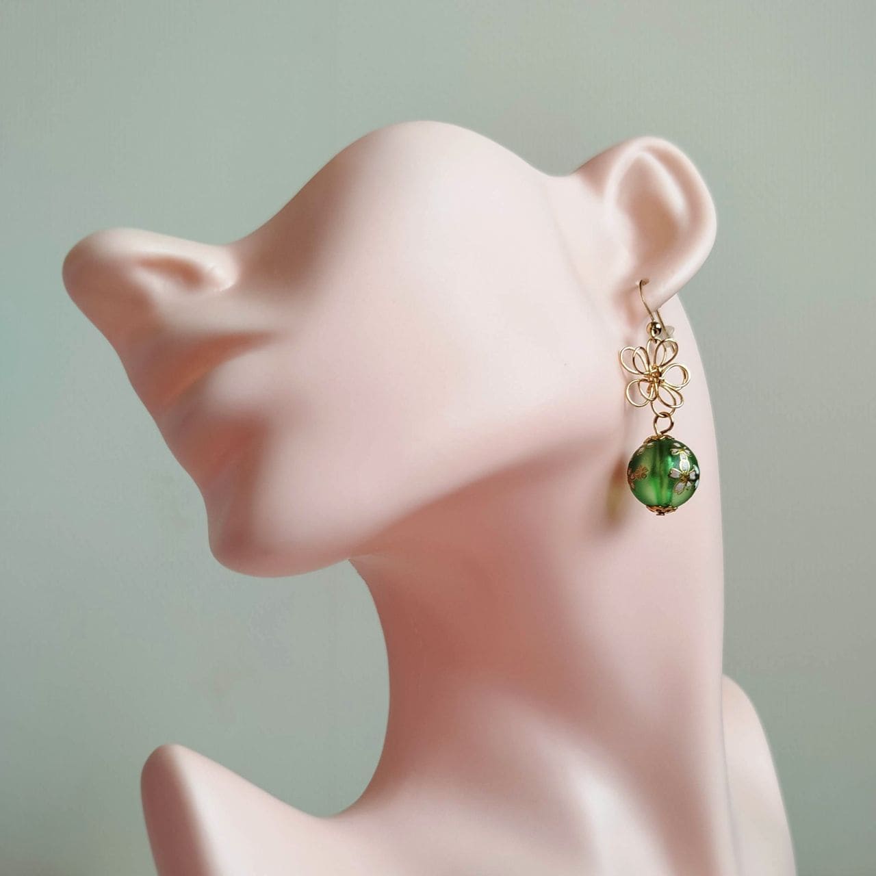 Sakura Earrings – Gold Wire Flower & Green Bead - Image 8