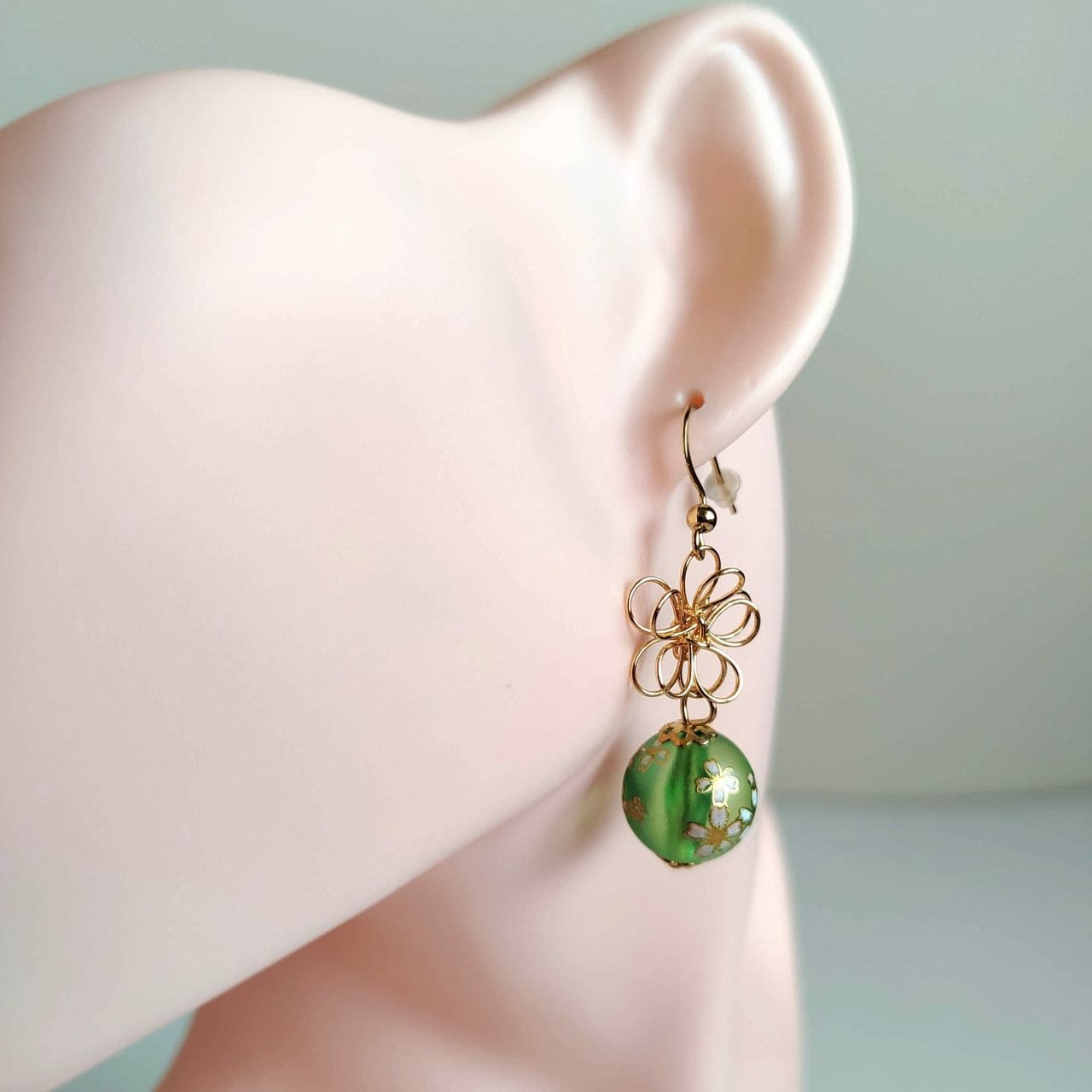 Sakura Earrings – Gold Wire Flower & Green Bead - Image 10