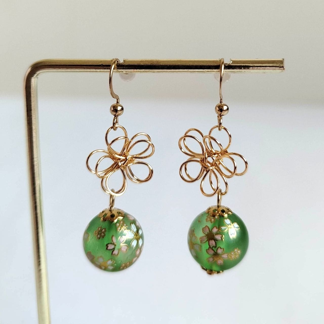 Sakura Earrings – Gold Wire Flower & Green Bead