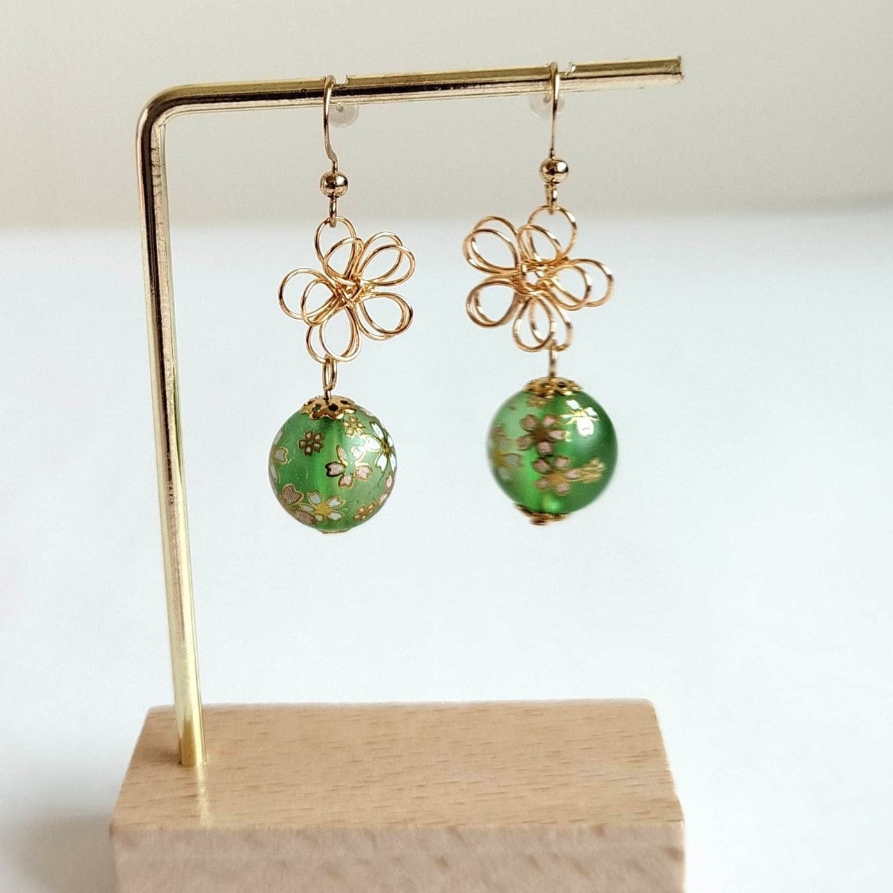 Sakura Earrings – Gold Wire Flower & Green Bead - Image 9