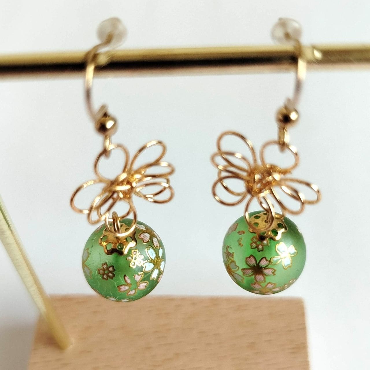 Sakura Earrings – Gold Wire Flower & Green Bead - Image 4