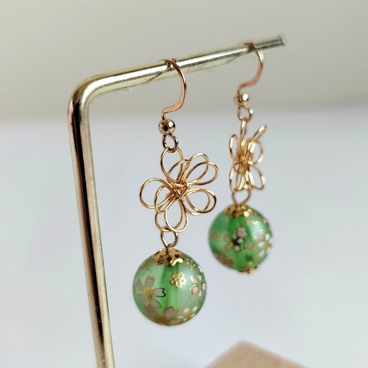 Sakura Earrings – Gold Wire Flower & Green Bead - Image 11