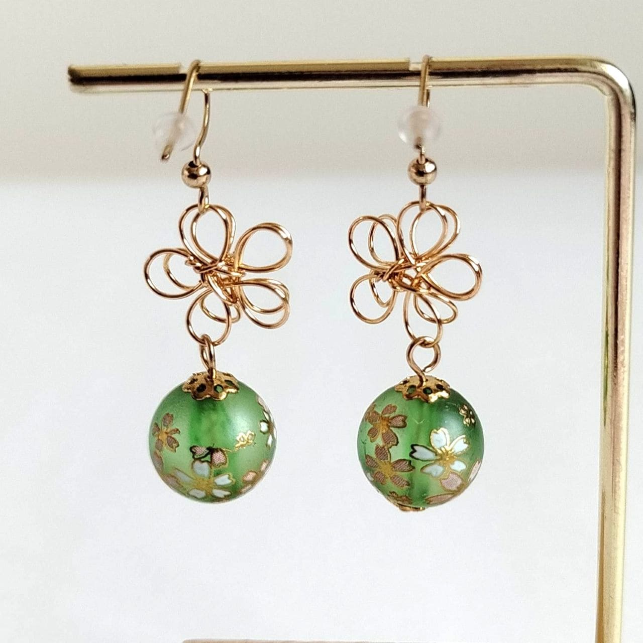 Sakura Earrings – Gold Wire Flower & Green Bead - Image 12
