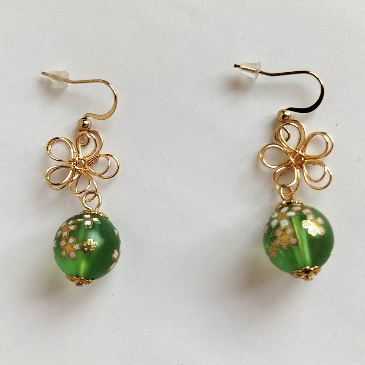 Sakura Earrings – Gold Wire Flower & Green Bead - Image 13