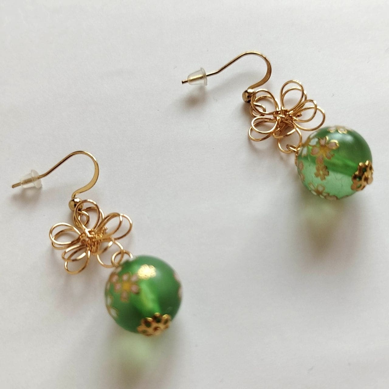 Sakura Earrings – Gold Wire Flower & Green Bead - Image 14