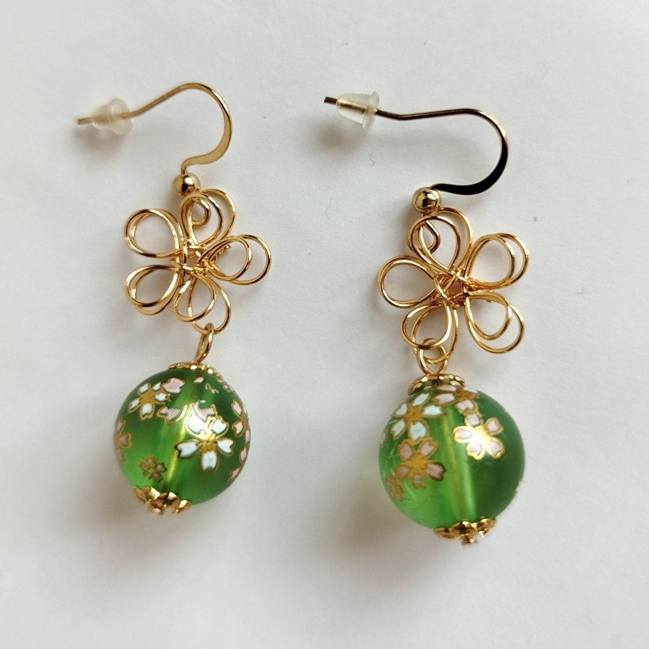 Sakura Earrings – Gold Wire Flower & Green Bead - Image 15
