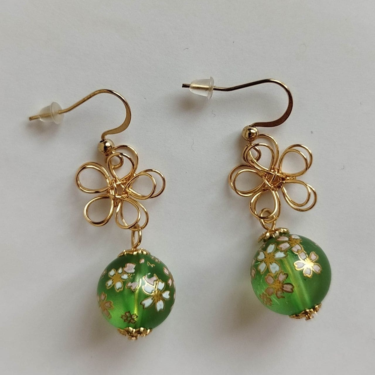 Sakura Earrings – Gold Wire Flower & Green Bead - Image 2