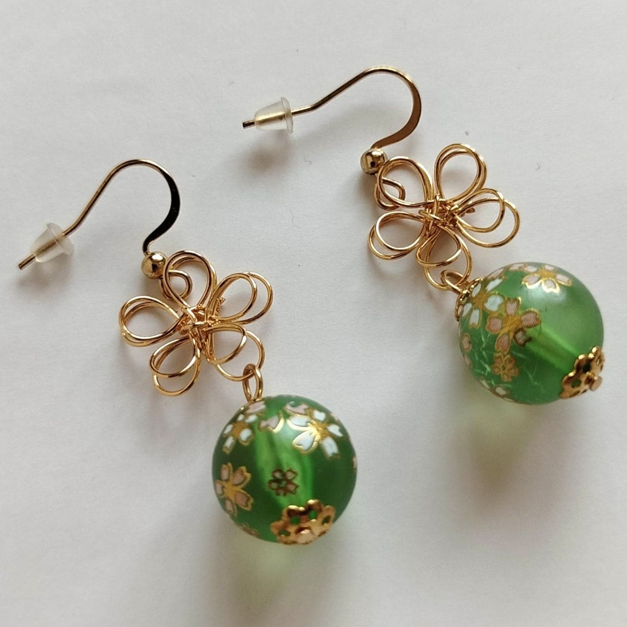 Sakura Earrings – Gold Wire Flower & Green Bead - Image 6